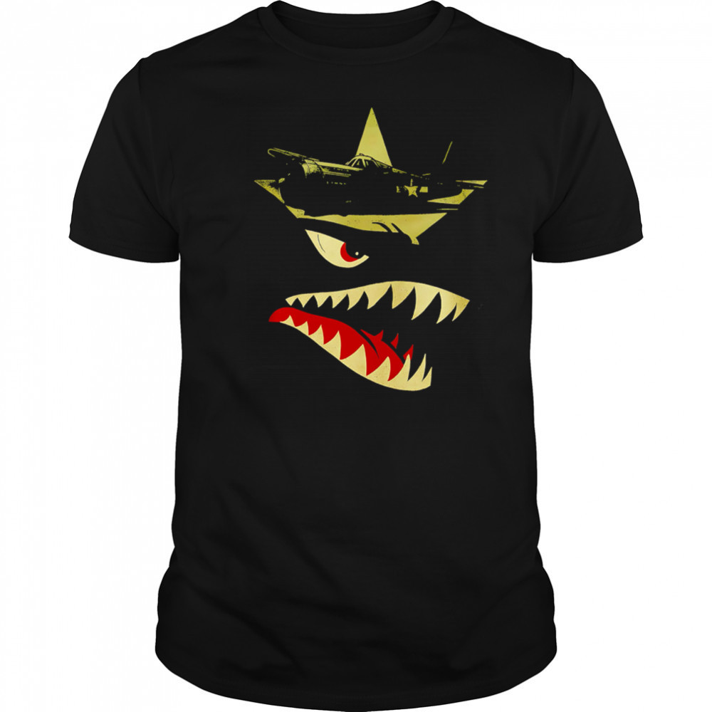Military Fighter Plane Star Emblem Angry Shark Mouth Graphic Vintage War Art shirt