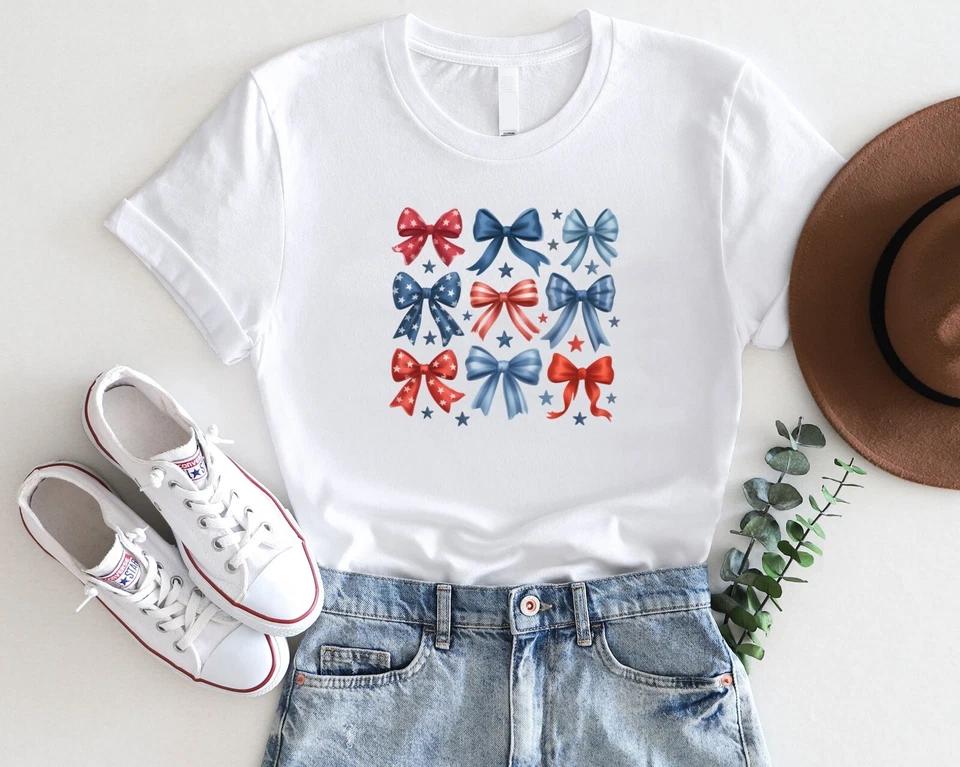 4th of July Patriotic Bow T-Shirt – Cute Red White Blue Ribbon Print 4th of July Patriotic Bow T-Shirt – Cute Red White Blue Ribbon Print