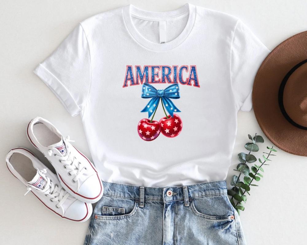 America Cherry Bow Gildan Shirt 4th of July USA Patriotic Graphic Tee America Cherry Bow Gildan Shirt 4th of July USA Patriotic Graphic Tee