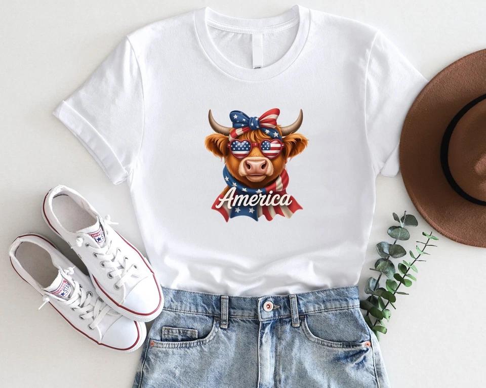America Highland Cow Shirt – 4th of July Patriotic Cow in Sunglasses America Highland Cow Shirt – 4th of July Patriotic Cow in Sunglasses
