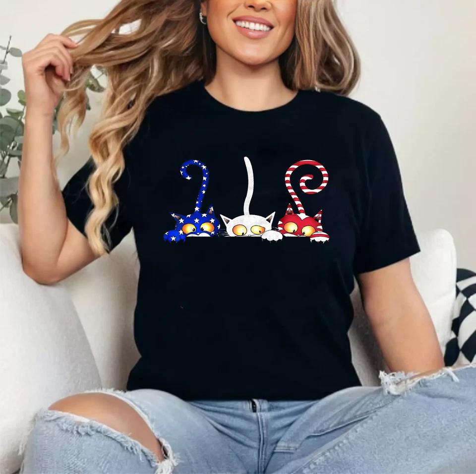 Cat 4th Of July American Flag Red White Blue Women Kids T-Shirt Cat 4th Of July American Flag Red White Blue Women Kids T-Shirt
