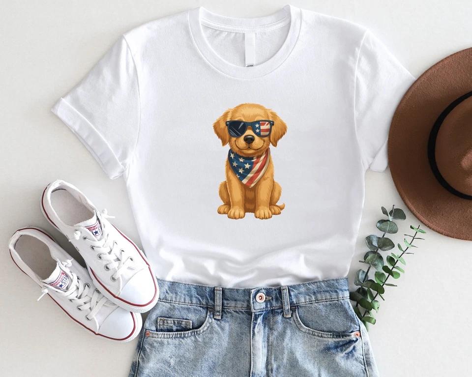 Patriotic Puppy 4th of July T-Shirt – Cute Dog in USA Flag Bandana Patriotic Puppy 4th of July T-Shirt – Cute Dog in USA Flag Bandana
