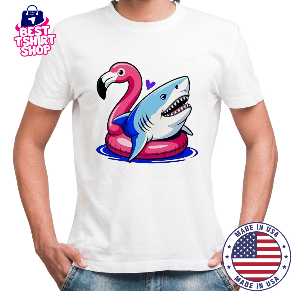 Great White Shark in Pink Flamingo Pool float shirt