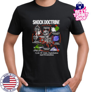 Shock Doctrine cycle of crisis exploitation and privatization skeleton shirt