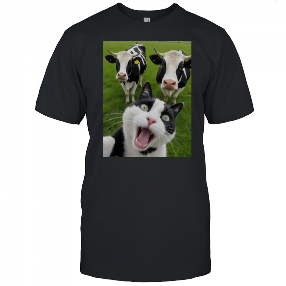 Cat Selfie With Black And White Cow T-Shirt